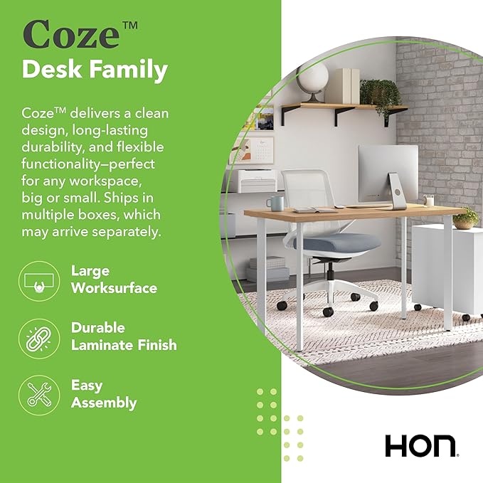 HON Coze Home Office Desks, Sturdy Table Computer Desk, 48", Natural Recon Top, Silver Base
