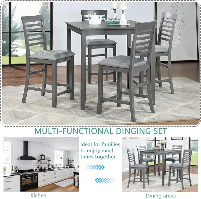KEIKI 5-Piece Counter Height Dining Table Set with Square Table and 4 Upholstered Ladder Backrset Chair, for 4 Person, Modern Style Wooden Table Set, Easy Assembly, for Kitchen, Dining Room, Gray
