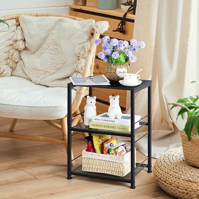 OYEAL Black Night Stand Industrial End Table with Storage Shelf Narrow Side Table for Small Spaces, Farmhouse Bedside Table for Living Room Bedroom, Stable Metal Frame (Black)