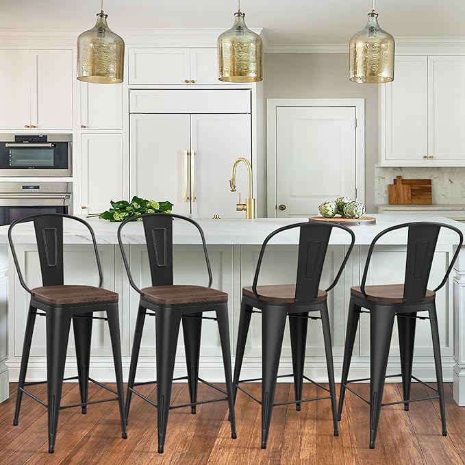 Yongqiang Black Metal Bar Stools Set of 4 Bar Height Stools Kitchen Island Barstools Industrial High Back Bar Chairs with Large Wooden Seat 30 inch