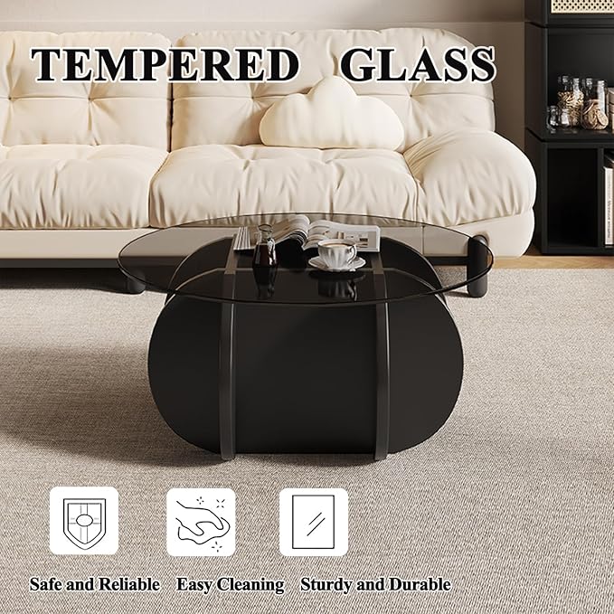 Mid Century Modern Round Glass Coffee Table for Living Room, Black Small Coffee Table for Center, Suitable for Bedroom Living Room Reception Office Tables (Black/Grey)