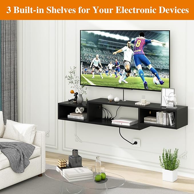 IBUYKE 59" Floating TV Stand Wall Mounted with Power Outlet,Wood Wall Mounted Media Console Shelf,Floating Entertainment Center for Under TV Storage for Living Room Bedroom Office,Black WST007B