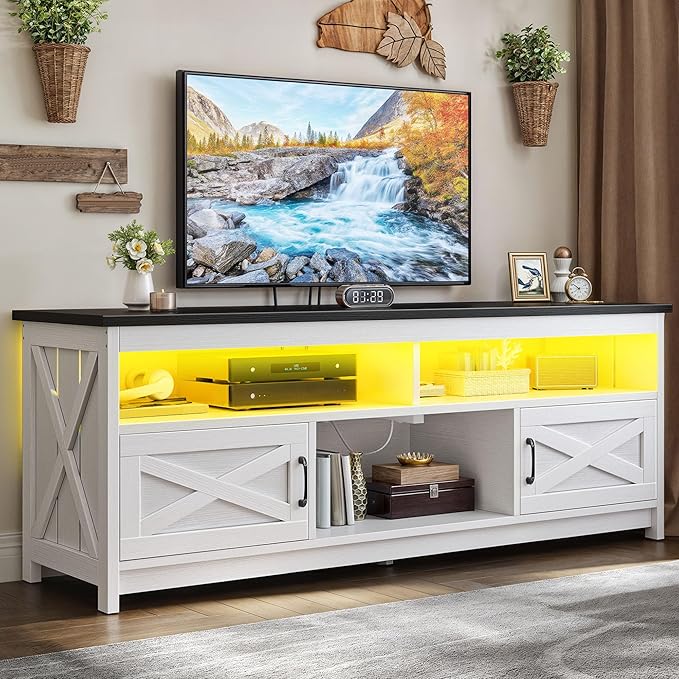 YITAHOME Farmhouse TV Stand for 65/75 Inch Television, LED Entertainment Center Television Stand with Power Outlets and Open Shelf, Media Console TV Cabinet for Living Room, White/Black