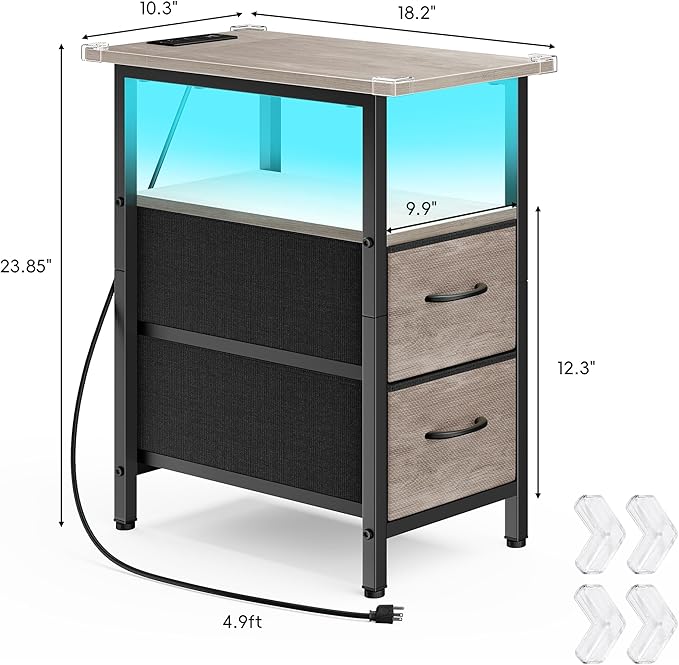 Vagusicc Set of 2 Nightstand with Charging Station and LED Lights, Narrow Side Table, LED Night Stand with 2 Fabric Drawers, Bedside Table Small End Table, Tall Nightstand for Bedroom, Rustic Grey