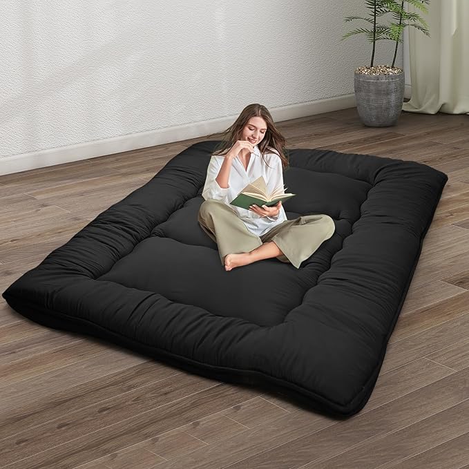 Japanese Floor Mattress,4" Thicken Japanese Floor Sleeping Pad Foldable,Futon Mattress Suitable for Camping and Guest Room (Black, Full (80" X 47"))
