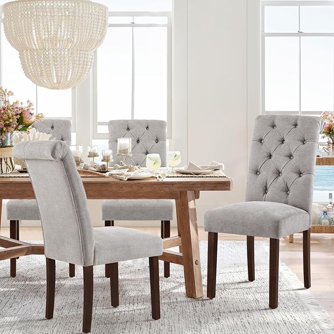 COLAMY Button Tufted Dining Chairs Set of 4, Parsons Upholstered Fabric Dining Room Chairs Kitchen Chairs with Wood Legs and Padded Seat, Light Grey