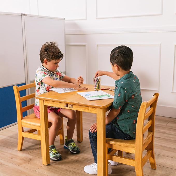 ECR4Kids 24in x 24in Hardwood Table and Chair Set, 12in Seat Height, Kids Furniture, Honey