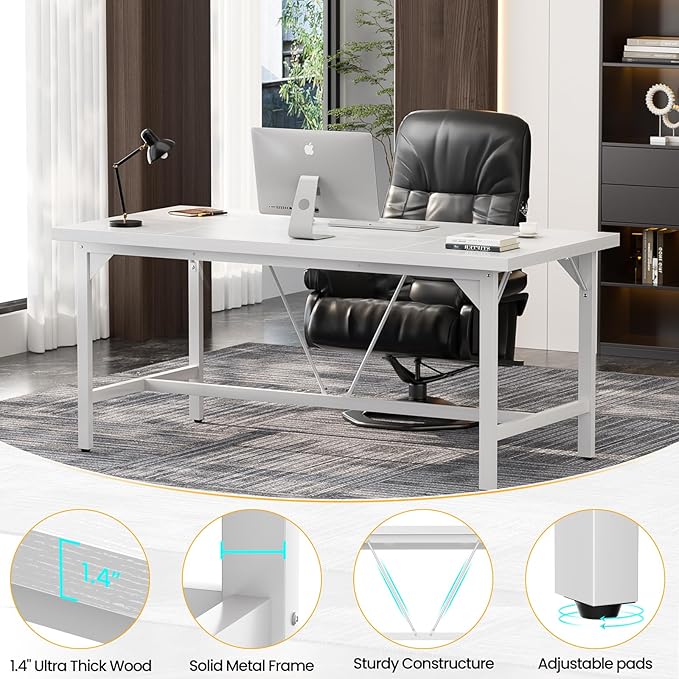 Unikito 63 Inch Computer Desk, Sturdy Large Office Desk, Premium 2 Person Long Desks, Super Thick Study Writing Gaming Table, Modern Computer Table for Home Office Workstation, Easy to Assemble, White