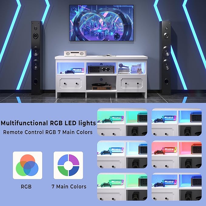 IRONCK TV Stand for 65 Inch TV, 55" LED Entertainment Center with Storage Cabinets, Power Outlets and Open Shelf, Media Console TV Cabinet with Drawers for Living Room, White