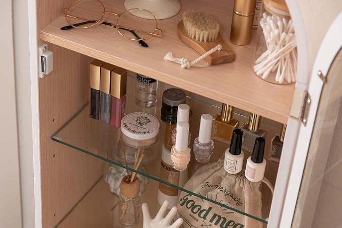 PaletteLife Arched Figurine-Case 4 Tier Collection Shelf, Oak Wood Grain with Glass Door and 2 Movable Glass Shelves, No Mirror, Black, PT-621BK