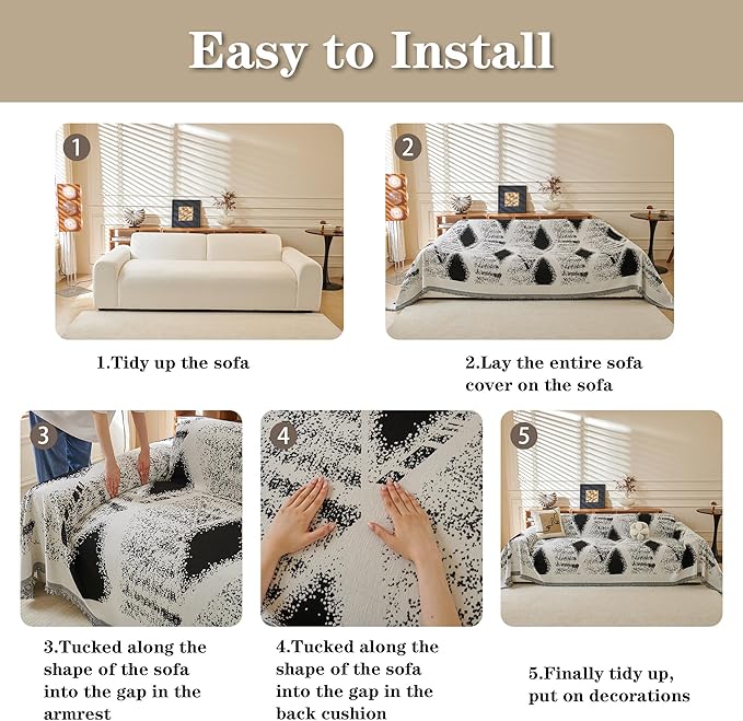 MYSKY HOME Sectional Couch Cover Black Boho Geometric Sofa Covers for Sectional Sofa L Shape Chenille Couch Protector for Dogs Pets Couch Throw Cover Washable Durable for Home Decor, 71" X118"