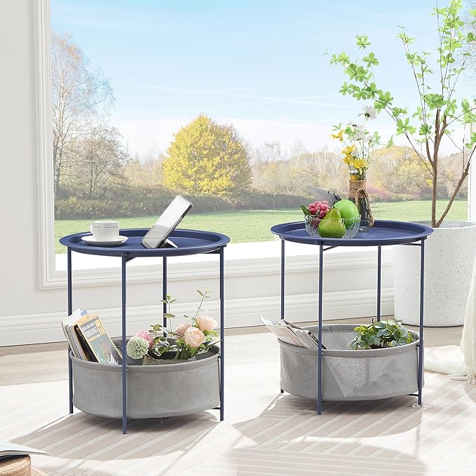 VECELO Round Side/End Table with Fabric Storage Basket，Metal Anti-Rust and Waterproof Small Bedside Nightstand with Removable Tray Top for Living Room，Balcony & Laundry，Blue /2pcs with Basket