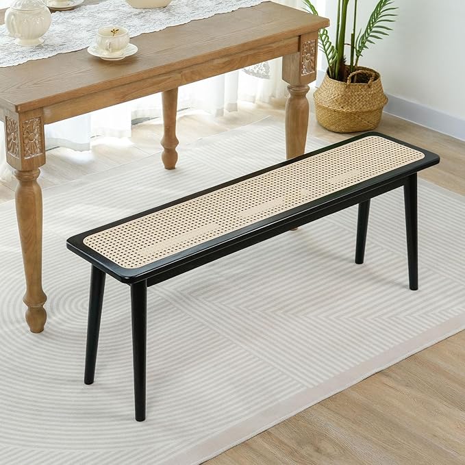 Entryway Bench, Solid Wood Kitchen Dining Bench, Mid Century Modern End of Bed Bench with Rattan Woven Top for Bedroom, Dining Room, Entry Way, 47.2" L x 11.2" W x 17.7" H, Black