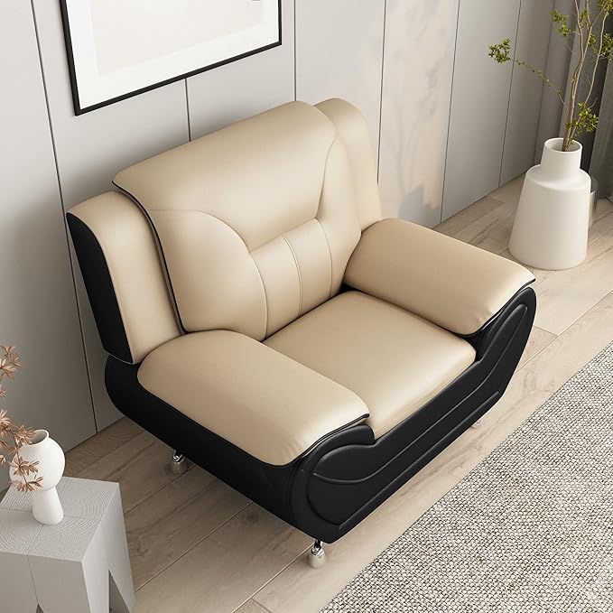 Container Furniture Direct Michael Modern Faux Leather Upholstered Stainless Steel Legs Living Room, Chair, Camel/Black