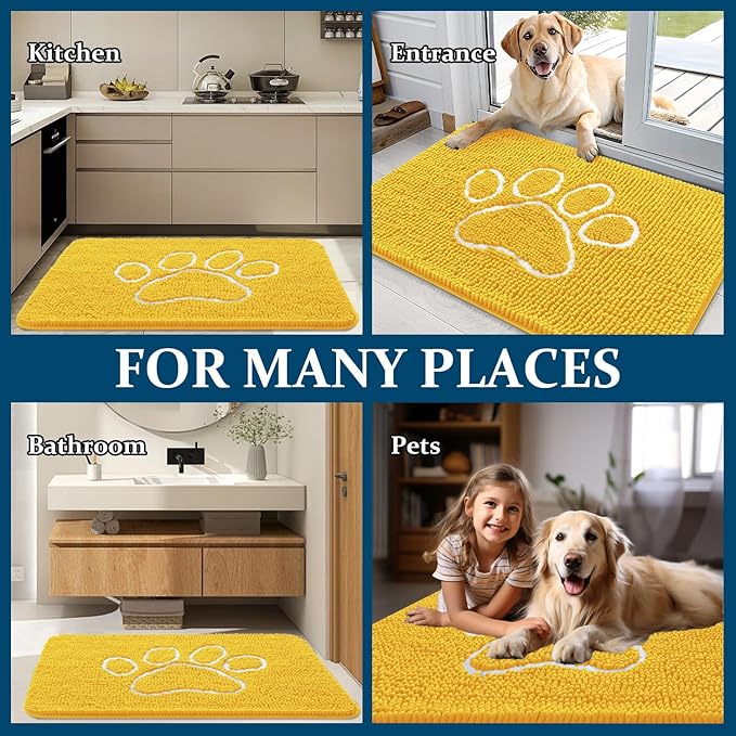 OLANLY Door Mat for Muddy Dog Paws 48x30, Ultra Absorbent Chenille Mud Doormat with Paw Print Design, Non-Slip Washable Doormat for Indoor Entryway, Quick-Dry Pet Bed Mats for Dirty Dogs, Yellow
