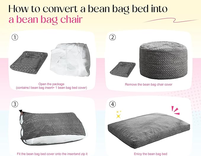 Hobestluk Bean Bag Chair Convertible Beanbag Chairs for Adults, 3 in 1 Bean Bags with Plush Chevron Cover, Adult Bean Bag Chair for Living Room, Bedroom (Grey, Queen)