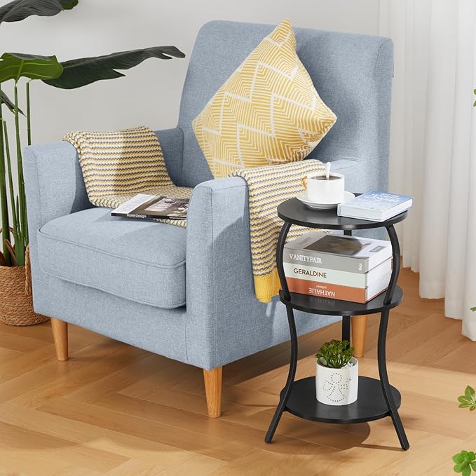 Vintage Small Round Side Table, 3-Tier Slim Waist Circular End Table with Storage Shelf, Compact Tea Sofa Side Table, Round Corner Coffee Table Nightstand for Living Room Bedroom Small Spaces,Black