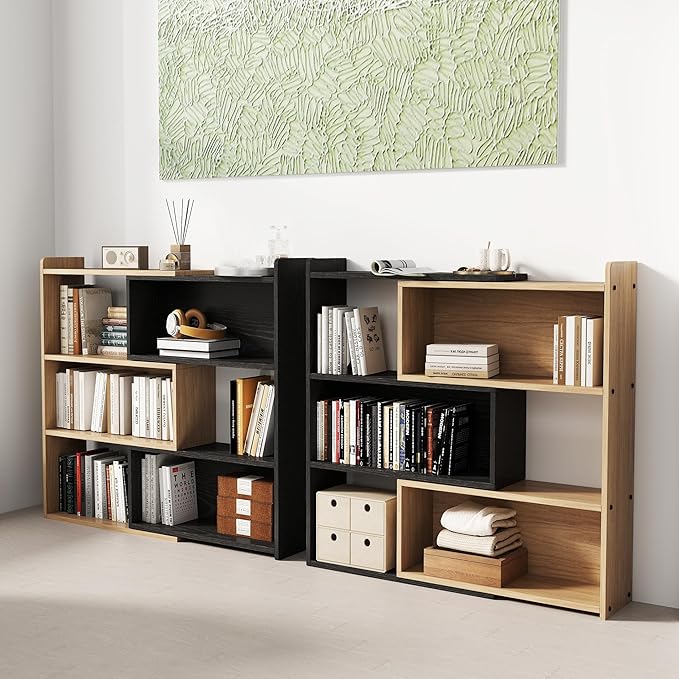 Open Shelf Low Bookcase,Wooden 4-Tier Floor Standing Expandable 25-47 inch Wide Bookcase,with Side Panels Frame for Home and Office