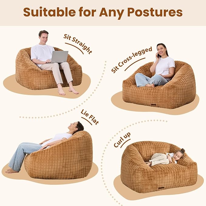 Bean Bag Chairs for Adults, Giant Beanbag Sofa Comfy Reading Chair, Oversized Bean Bag Chairs for Living Room Bedroom, Soft Faux Fur Fabric, 3.2FT, Khaki, Checkered