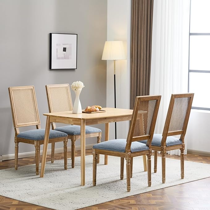 Merax Upholstered Solid Wood Dining Chairs Set of 4, French Country Style Accent Side Seating Furniture for Kitchen, Living Room, Wicker Back, Slate Blue