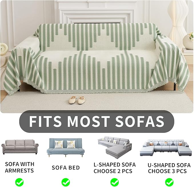 HAOMAIJIA Boho Sofa Covers Couch Covers for 3 Cushion Couch Sofa Pet Friendly Soft Thick Non Slip Couch Cover for Dogs Washable Sectional Couch Covers L Shape Furniture Protector (Green, 91"x134")