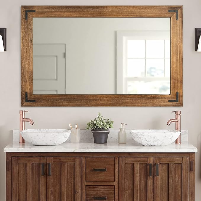 YOSHOOT Rustic Wooden Framed Wall Mirror, Natural Wood Bathroom Vanity Mirror for Farmhouse Decor, Vertical or Horizontal Hanging, 53" x 28", Brown