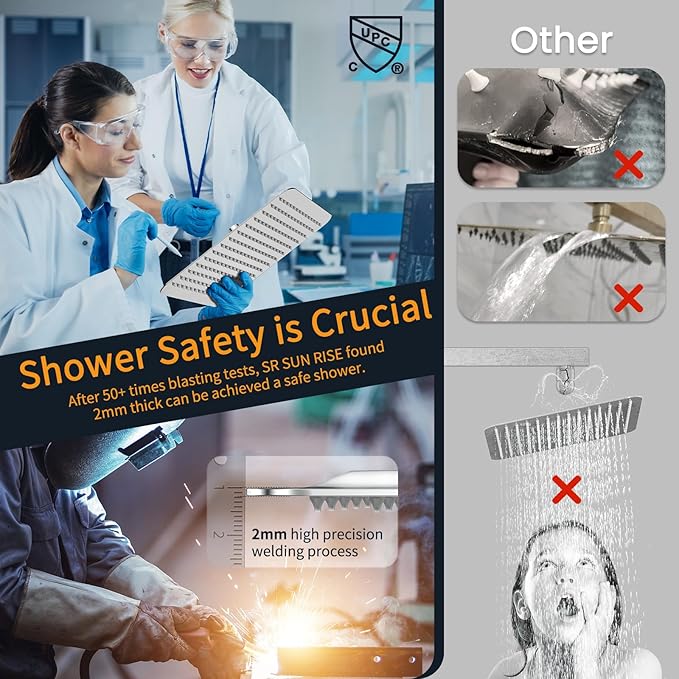 SR SUN RISE SRSH-D1203 12 Inches Bathroom Luxury Rain Mixer Shower Combo Set Wall Mounted Rainfall Shower Head System Polished Chrome Shower Faucet Rough-in Valve Body and Trim Included