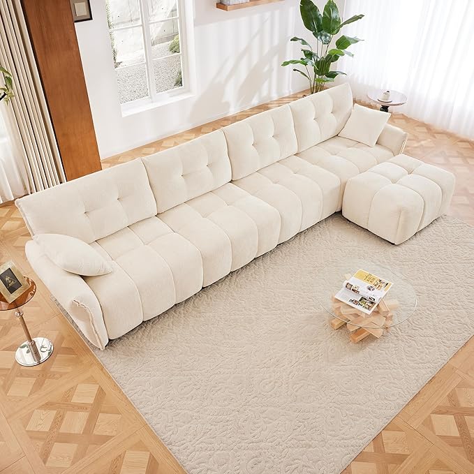 Modern Chenille Fabric 4-Seat Sofa w/Ottoman+2 Pillows, Premium Upholstery Living Room Couch with Tufted Backrest & Comfortable Armrests and High-Resilience Memory Foam Cushions,White