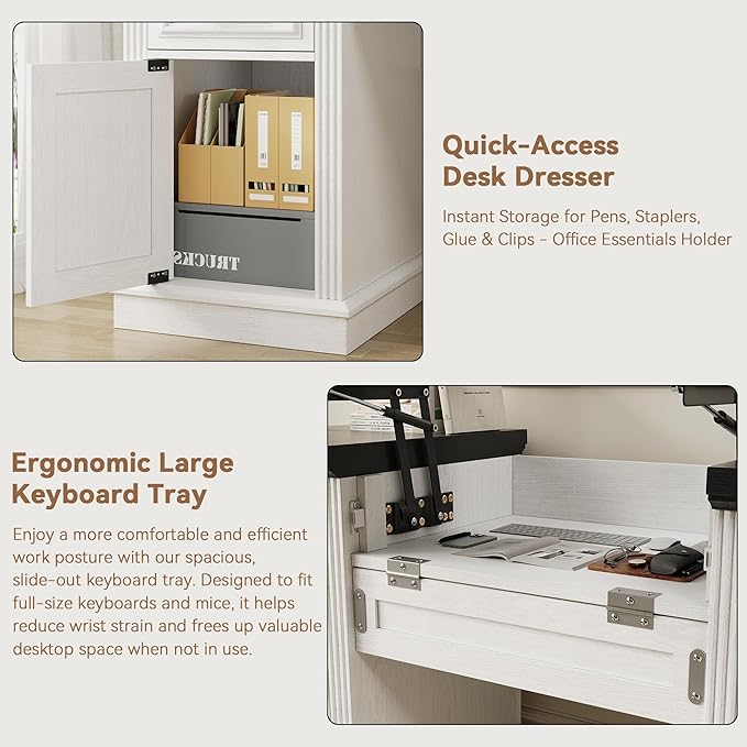 Farmhouse 57" Lift Desktop Executive Desk with 6 Drawers and Charging Station, Wood Home Office Computer Desk with File Cabinet Storage, Keyboard Tray,Headphone hook for Work,Study, Antique White