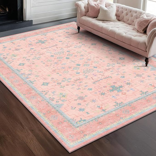 Pink and Blue Washable 5x8 Living Room Rugs, Boho Aethestic Oushak Vintage Area Rug for Bedroom Girls Kids Playroom Nursery Room, Non-Slip Rubber Backing Stain Resistant