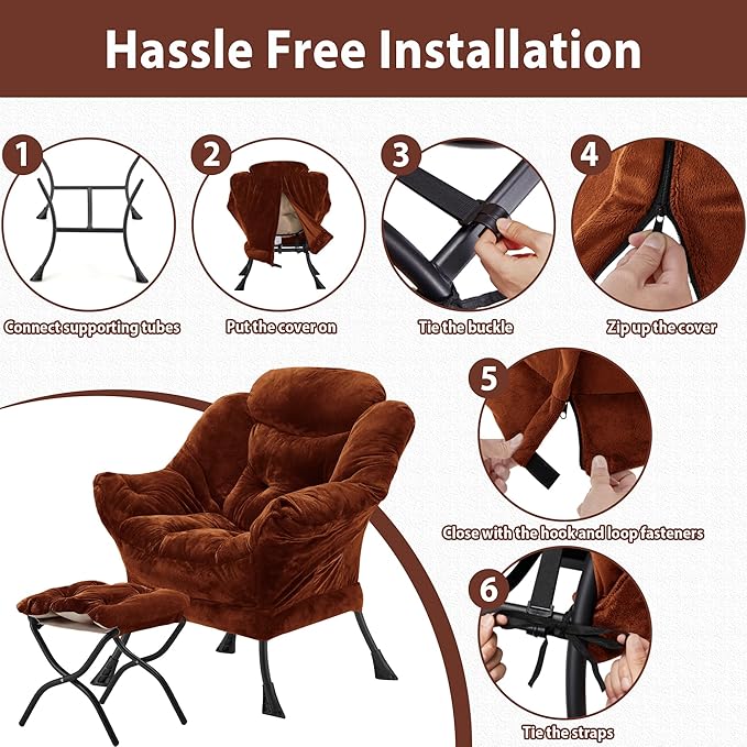 Lazy Chair with Folding Ottoman, Accent Chair Plush Upholstered with Metal Structure and Non-Slip Pads, Sofa Armchair with Footrest and Side Storage Bag for Dorm, Room, Office, Brown