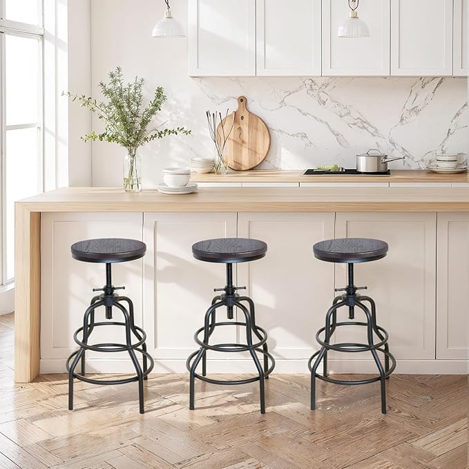 LOKKHAN Vintage Industrial Bar Stool-Rustic Swivel Bar Stool-Round Walnut Wood Metal Stool-Counter/Bar Height Adjustable Pipe Stool-Cast Steel Stool 23.62"-29.52" (Set of 2)