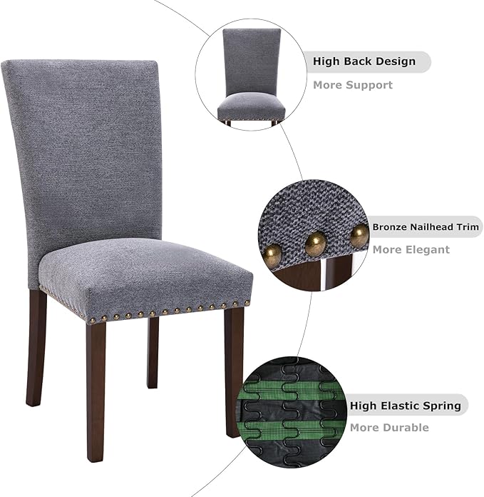 COLAMY Upholstered Parsons Dining Chairs Set of 2, Fabric Dining Room Kitchen Side Chair with Nailhead Trim and Wood Legs - Dark Grey