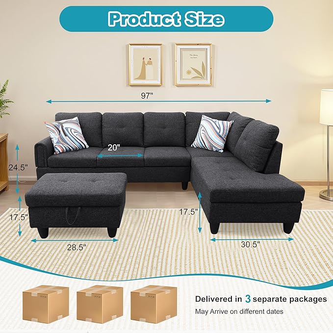 Couches for Living Room Modern L Shaped Couch Comfy Linen Fabric 3 Pieces Sectional Sofa with Chaise, Ottoman with Storage for Office and Small Apartment, Dark Grey