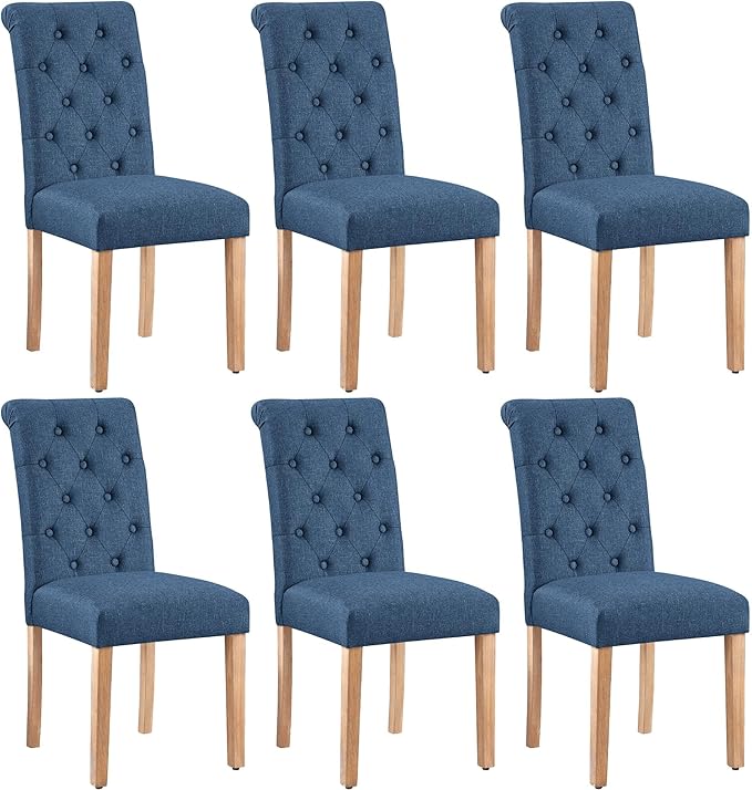 Yaheetech Dining Chairs Set of 6 Fabric Upholstered Dining Room Chairs with Button Tufted High Back and Solid Wood Legs for Kitchen/Living Room/Restaurant, Modern Style, Blue