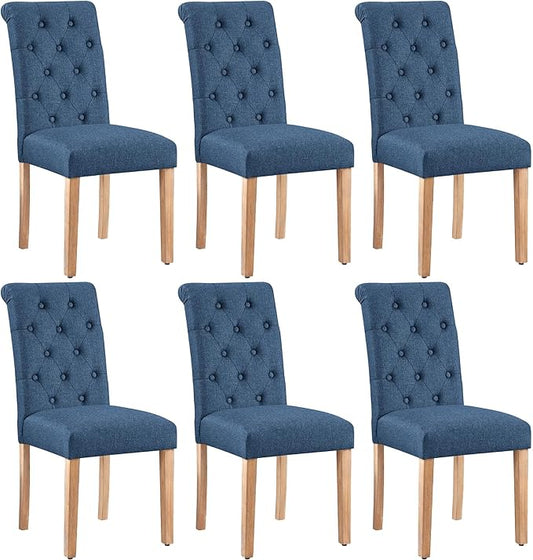 Yaheetech Dining Chairs Set of 6 Fabric Upholstered Dining Room Chairs with Button Tufted High Back and Solid Wood Legs for Kitchen/Living Room/Restaurant, Modern Style, Blue
