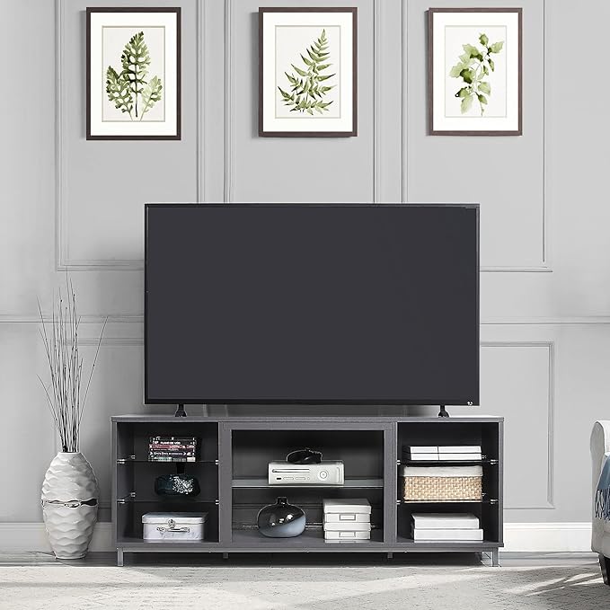Manhattan Comfort Brighton 60" TV 7 Shelves, Tempered Glass Dividers and Media Wire Management, Modern Free-Standing Entertainment Center for Living Room, Fits up to 56" Television, OneSize, Grey