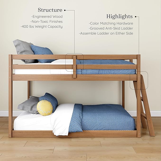 Grain & Grove Bear Twin Over Twin Bunk Bed, Low Bunk Bed Frame for Kids, Bunk with Ladder, Guardrail, and Slats, No Box Spring Required, Oak Embossed Pecan