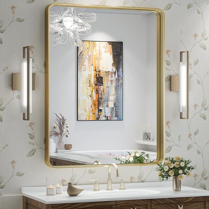 TokeShimi Bathroom Mirror for Wall 24 x 32 Inch Gold Brushed Brass Metal Rounded Corner Rectangle Mirror Wall Mirror in Metal Frame