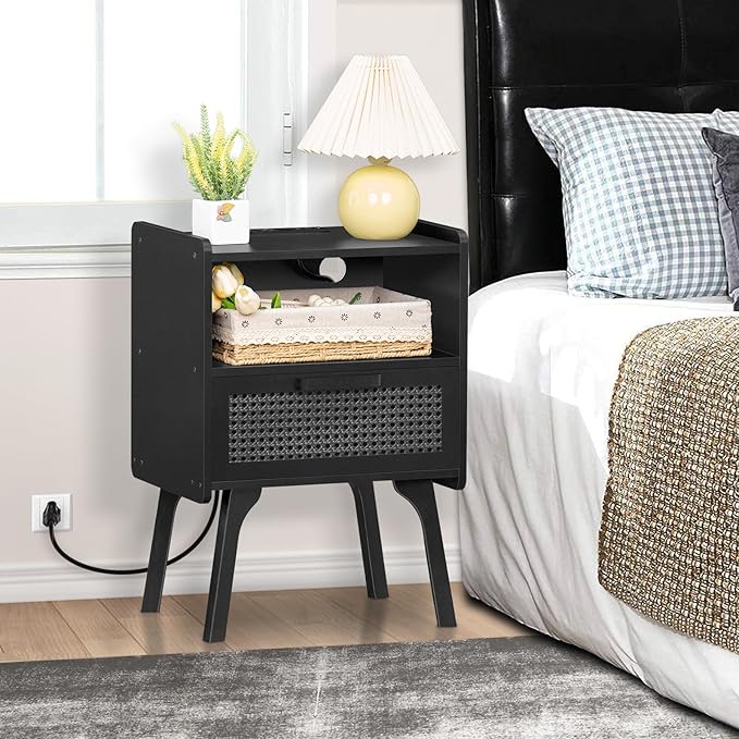Lerliuo Rattan Nightstand with Charging Station, Side Table with Drawer Open Shelf, Cane Bedside End Table with Solid Wood Legs, Mid Century Night Stand for Bedroom, Dorm and Small Spaces (Black)