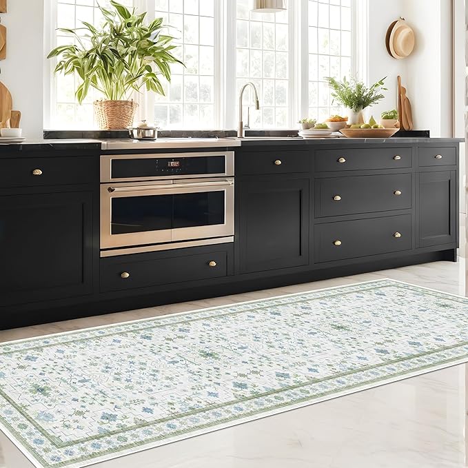 Oushak 3x16 Wide Hallway Runner Rug - Vintage Turkish Floral, Washable Low Pile Non Slip 16ft Extra Long Runners for Large Kitchen, Hall Way - Light Blue and Green Décor