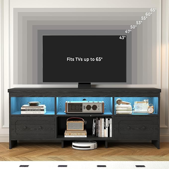 IRONCK TV Stand for 65 Inch TV, 55" LED Entertainment Center with Storage Cabinets, Power Outlets and Open Shelf, Media Console TV Cabinet with Drawers for Living Room, Black