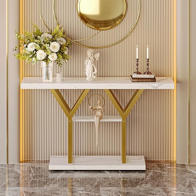 Huuger 47.2 Inch Entryway Table with Marble Top, Industrial Console Sofa Table, 3 Tier Accent Table, for Entry, Hallway, Entrance, Foyer, Y-Shaped Metal Base, Rusitc Brown