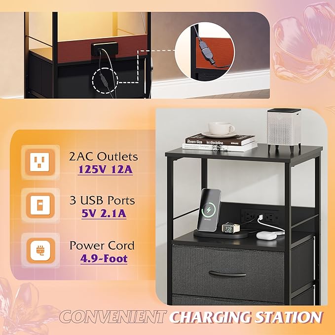 WLIVE LED Night Stand with Charging Station, Black Nightstand with 2 Fabric Drawers and Storage Shelf, Dorm Bedside Table End Table with 2 USB Ports and Outlets, Small Dresser for Bedroom, Living Room