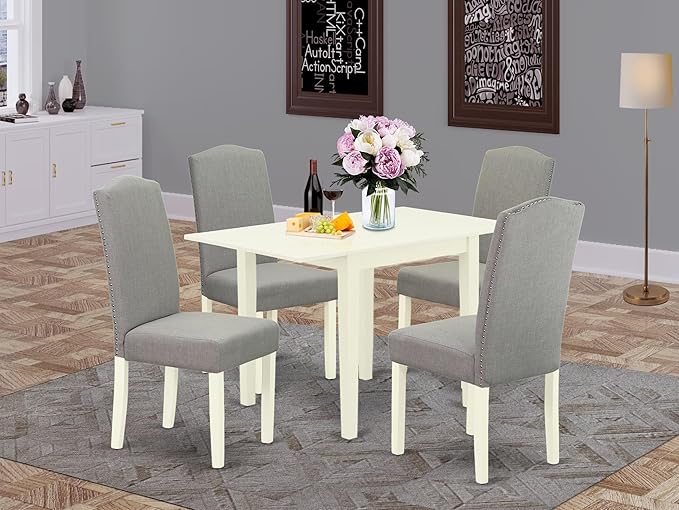 East West Furniture 1NDEN5-LWH-06 5 Piece Dining Table Set for 4 Includes a Rectangle Kitchen Table with Dropleaf and 4 Dark Shitake Linen Fabric Upholstered Chairs, 30x48 Inch, Linen White