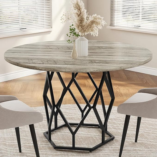 GarveeHome Round Dining Table for 4-6 People, 47 Inch Farmhouse Kitchen Table, Sturdy Metal Base, Industrial Wood Dinning Room Table for Kitchen, Grey