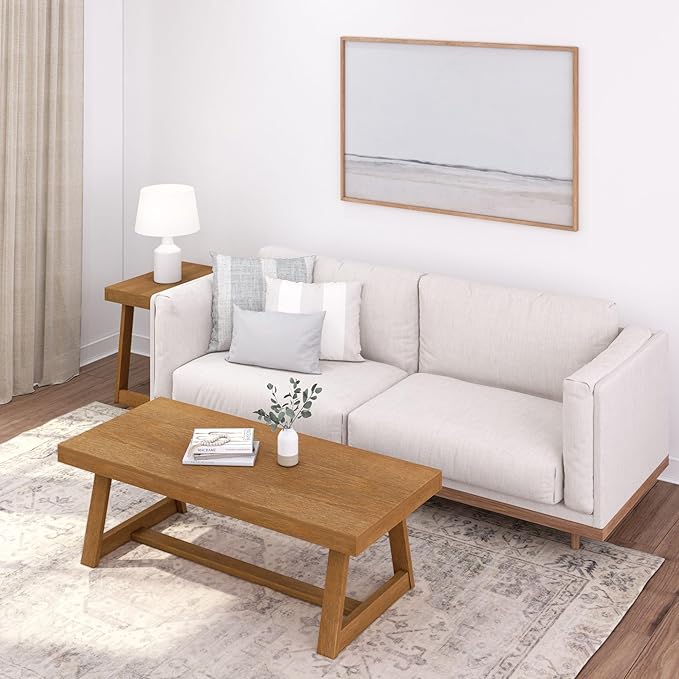 Plank+Beam Classic Rectangular Coffee Table, 54 Inch Farmhouse Coffee Table, Center Table, Small Living Space Tea Table, Pecan Wirebrush