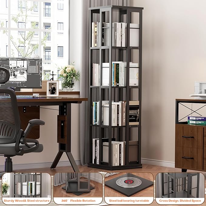 Aheaplus Rotating Bookshelf, 360 Display Wood Spinning Bookshelf, Floor Standing Bookcase Narrow Shelf Revolving Organizer Storage Rack for Small Space, Bedroom, Study Room, Black