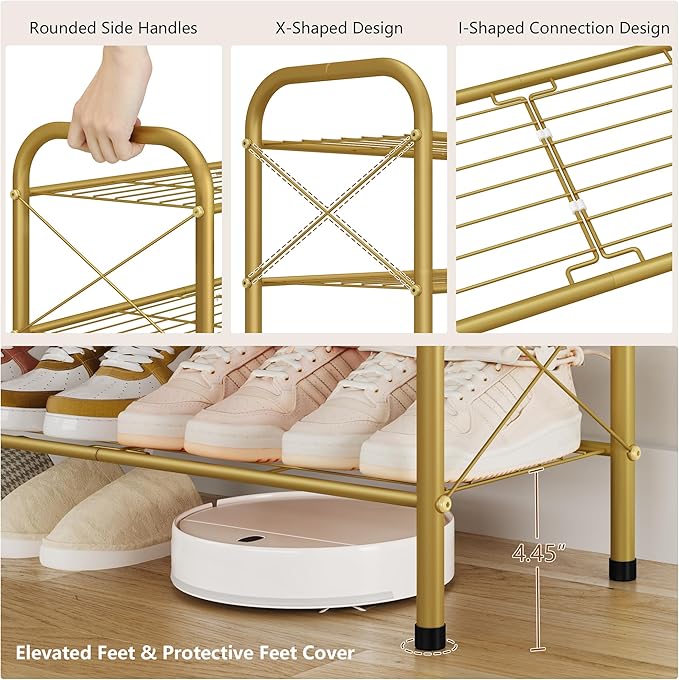 Hoctieon 2 Tier Shoe Rack for Closet, Durable Mesh Style Shoe Rack, Entryway Shoe Shelf, Shoe Storage Organizer for Hallway, Bedroom, Living Room, Wardrobe, Gold