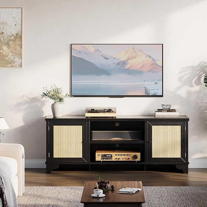 GarveeHome Rattan TV Stand for Living Room, Boho Entertainment Center for 55, 65, 70 Inch TV, TV Console Cabinet with Storage and Shelf, Black